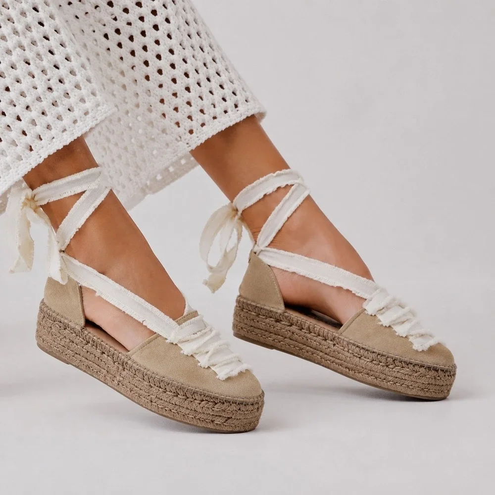 Free People Destino Espadrille Platform Lace Up Shoes Ecru Suede Womens 38